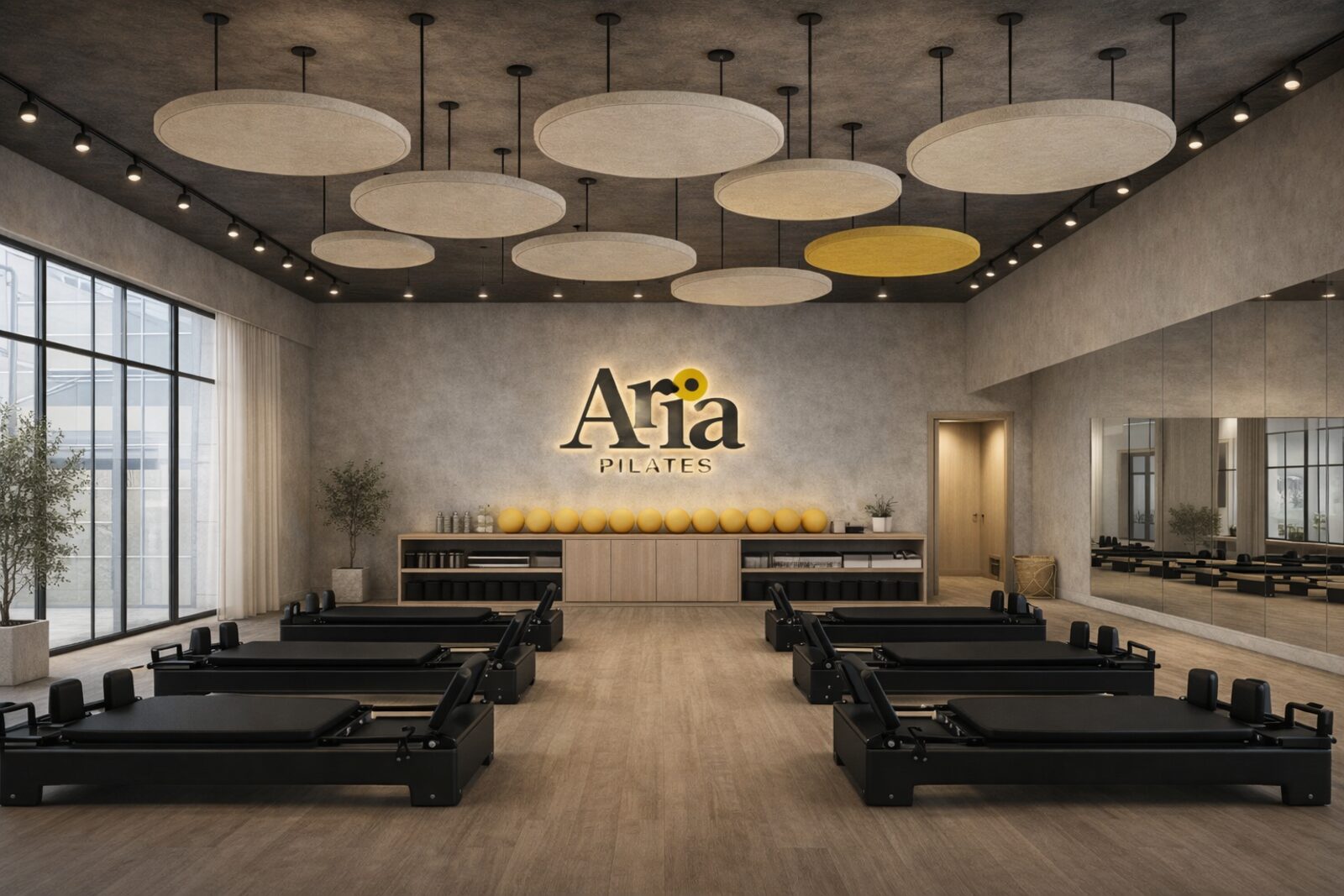 The Aria Pilates studio — a row of reformers beneath the Aria logo